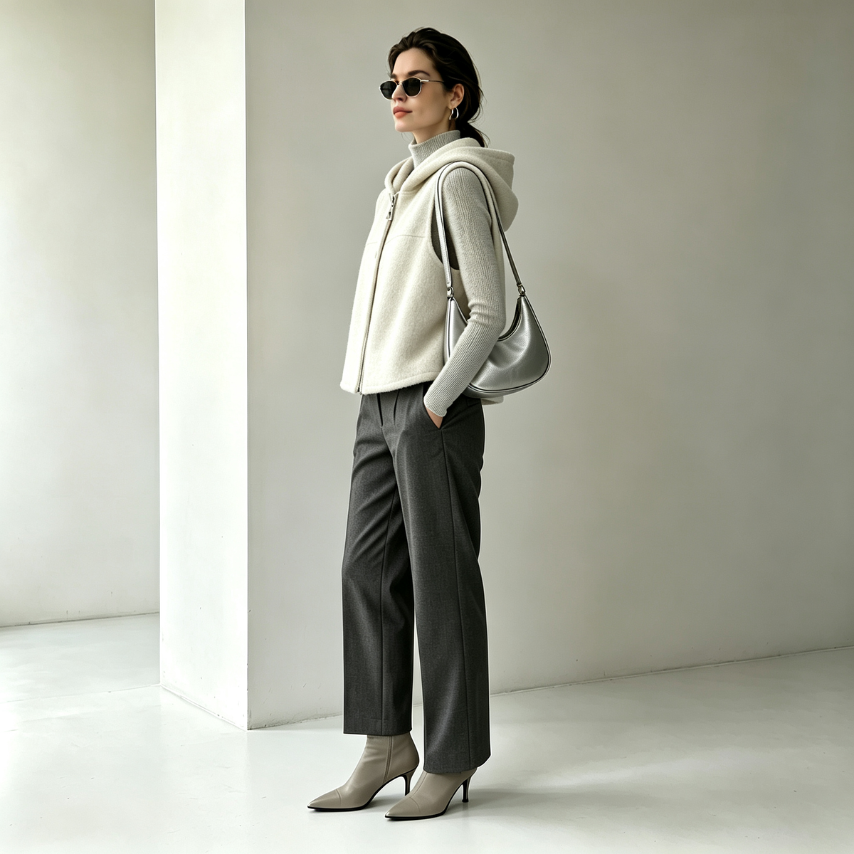 Ladies Woven Cashmere Wool Sleeveless Vest Autumn Double Face Hooded Normcore/Minimalist 8631