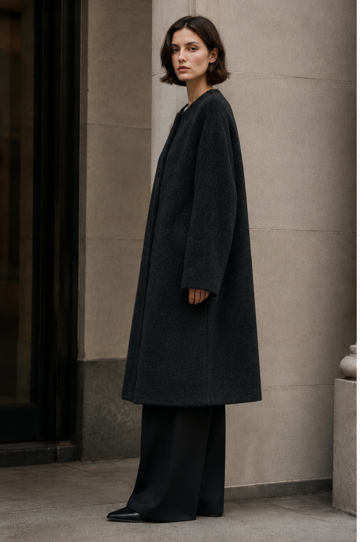 Women's Alpaca Blend Collarless Long Coat Casual Elegant Hairy Wool Winter Overcoat Single Button Thick Solid Color GC0004