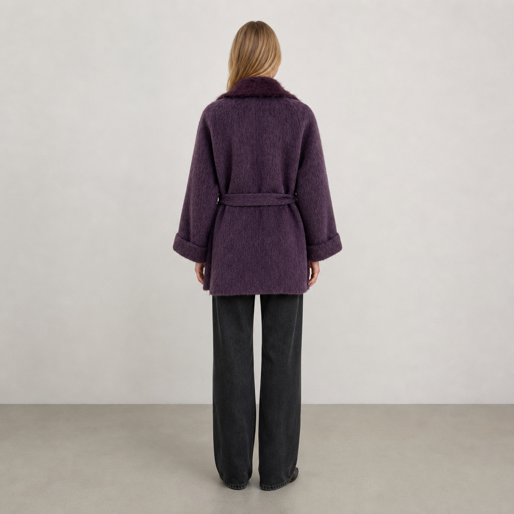 Women's Korean-Style Tweed Wool & Blends Overcoat with Winter Fox-Fur Collar and Belt Minimalist Design H2686