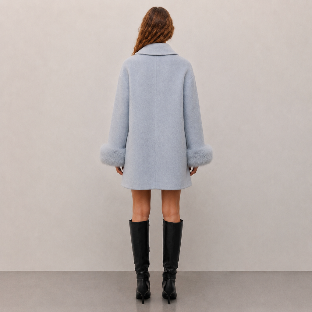Sweet Ladies Fox Fur Cuff Woven Coat with Bowtie & Button Detail Wool Blend for Spring Autumn Fashion Korean Style L26152