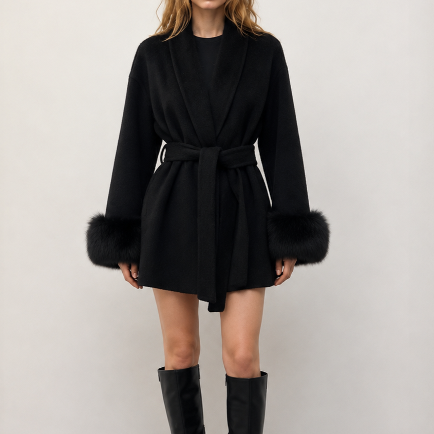 Elegant Women's Winter Coat with Detachable Genuine Fox Fur Trim Breathable Hand Sewn Wool Casual Short Length Belt Closure L26101