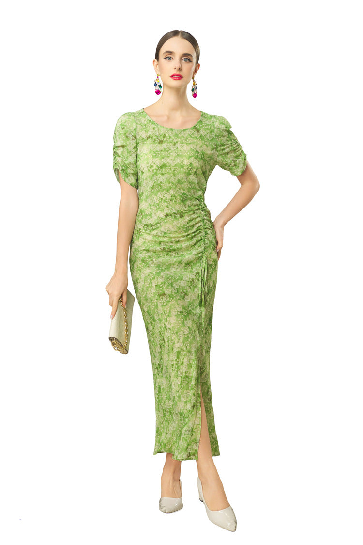 Plus Size 2026 Summer French Fresh Dress, Green Print Crew Neck Short Sleeve Waist Ruched Slit Hem Women Dress