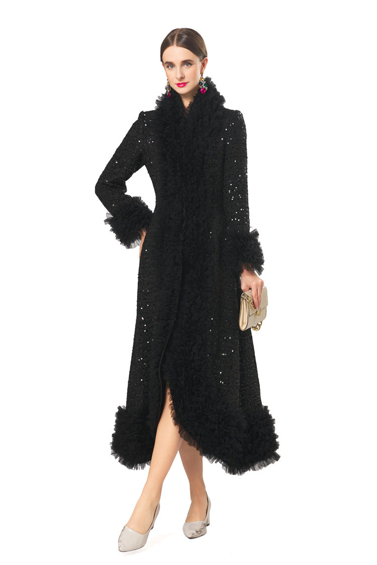 Plus Size High‑End Elegant Classic Black Fall Winter Dress, Ruffle Collar Hand Beaded Coat Dress