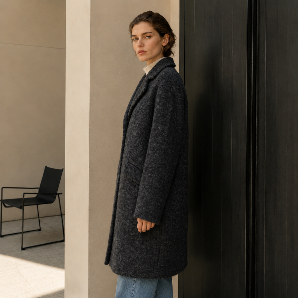 Women's Winter Formal Alpaca Blend Notch Lapel Luxury Hairy Wool Long Overcoat with Double-faced Wool and Single Buttons GC0003
