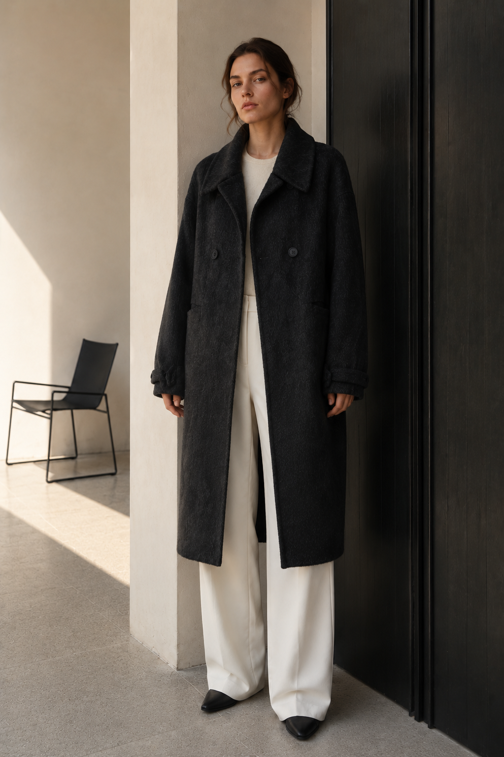 Winter Women's Fashionable Office Lady Woolen Trench Coat Double Breasted Slim Fit Long Sleeve Lapel Button Long Length GC0011