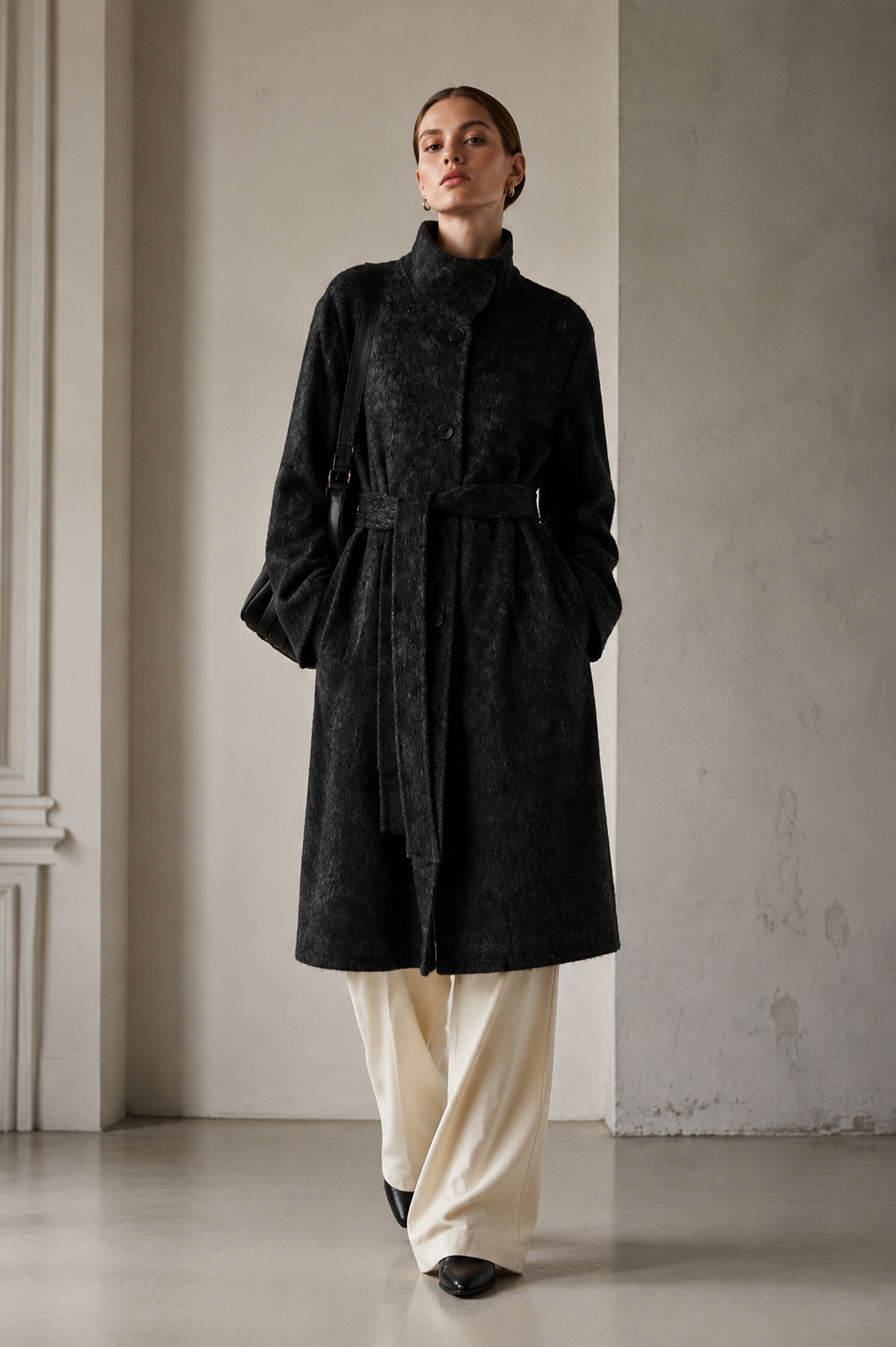 Women's Cashmere Alpaca Blend Woolen Turtleneck Belted Coat Luxury Hairy Wool Regular Winter Overcoat GC0002