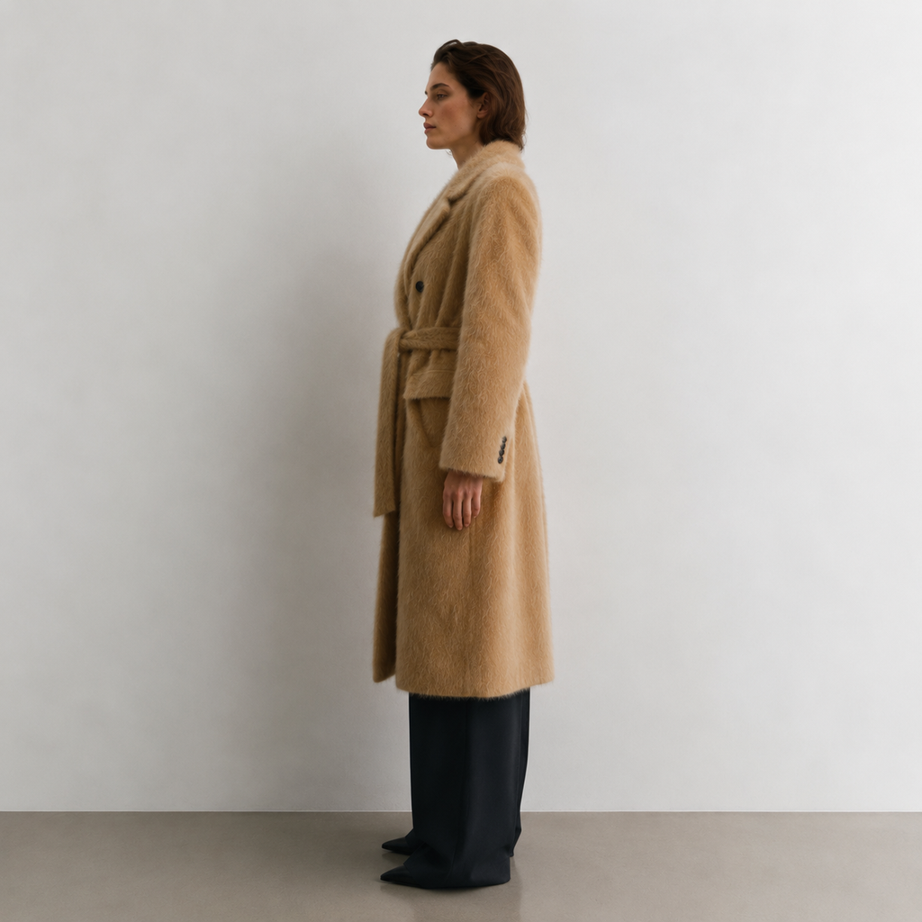 Elegant Casual Camel Hairy Wool Double Breasted Belted Winter Coat for Women Windproof Warm Keeper GC0031