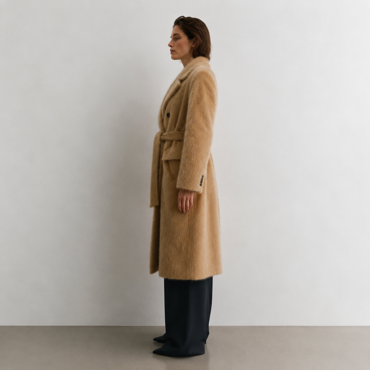 Elegant Casual Camel Hairy Wool Double Breasted Belted Winter Coat for Women Windproof Warm Keeper GC0031