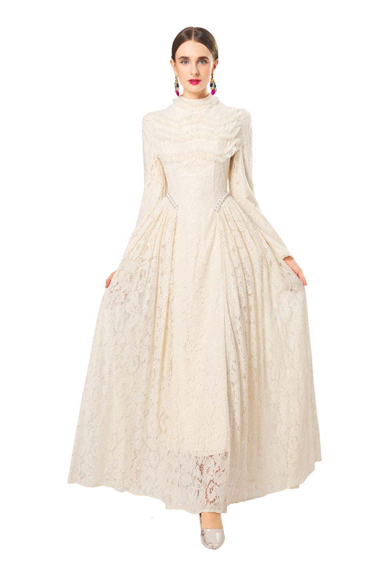 Plus Size Women Romantic Dress, Pearl Lace Floral Ruffle Crew Neck Cow Horn Shoulder Belted Long Sleeve Swing Dress