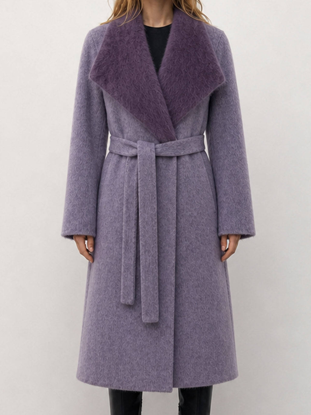 Winter Women's Formal Casual Breathable Woolen Coat with Fur Hood Long Cashmere Belt Double Faced Hand Sewn 2kg H2676