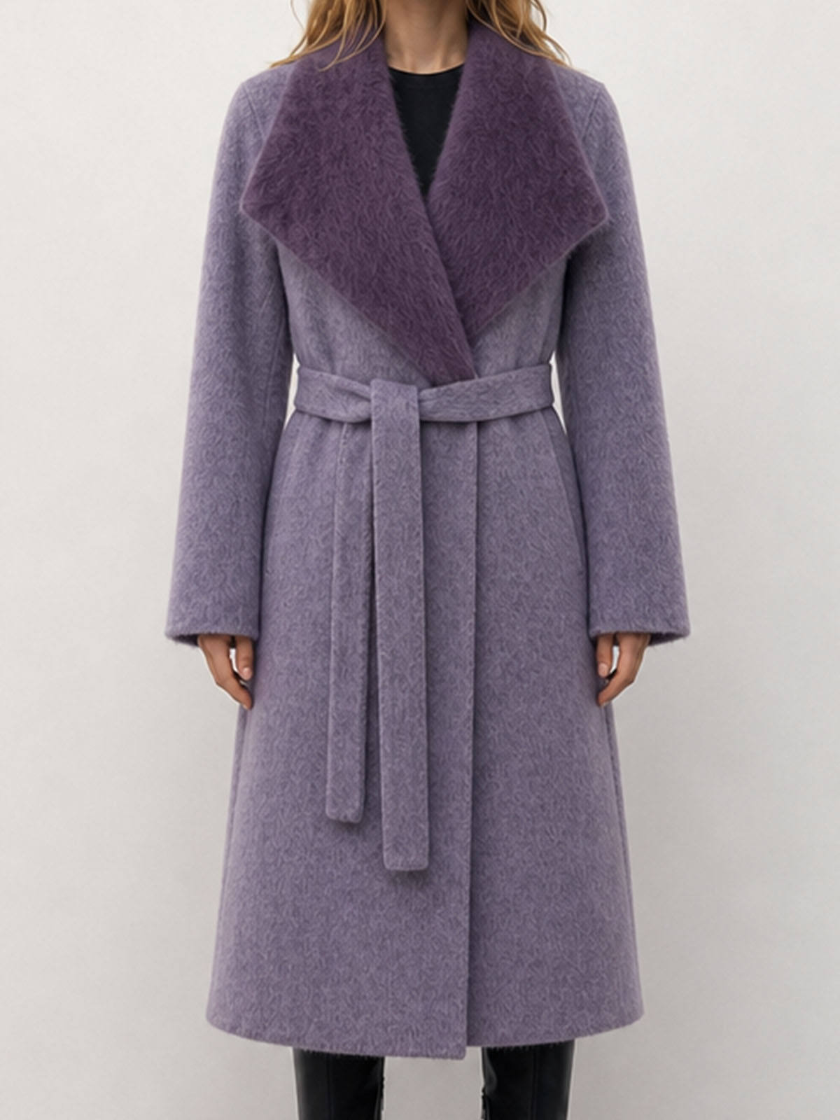 Winter Women's Formal Casual Breathable Woolen Coat with Fur Hood Long Cashmere Belt Double Faced Hand Sewn 2kg H2676