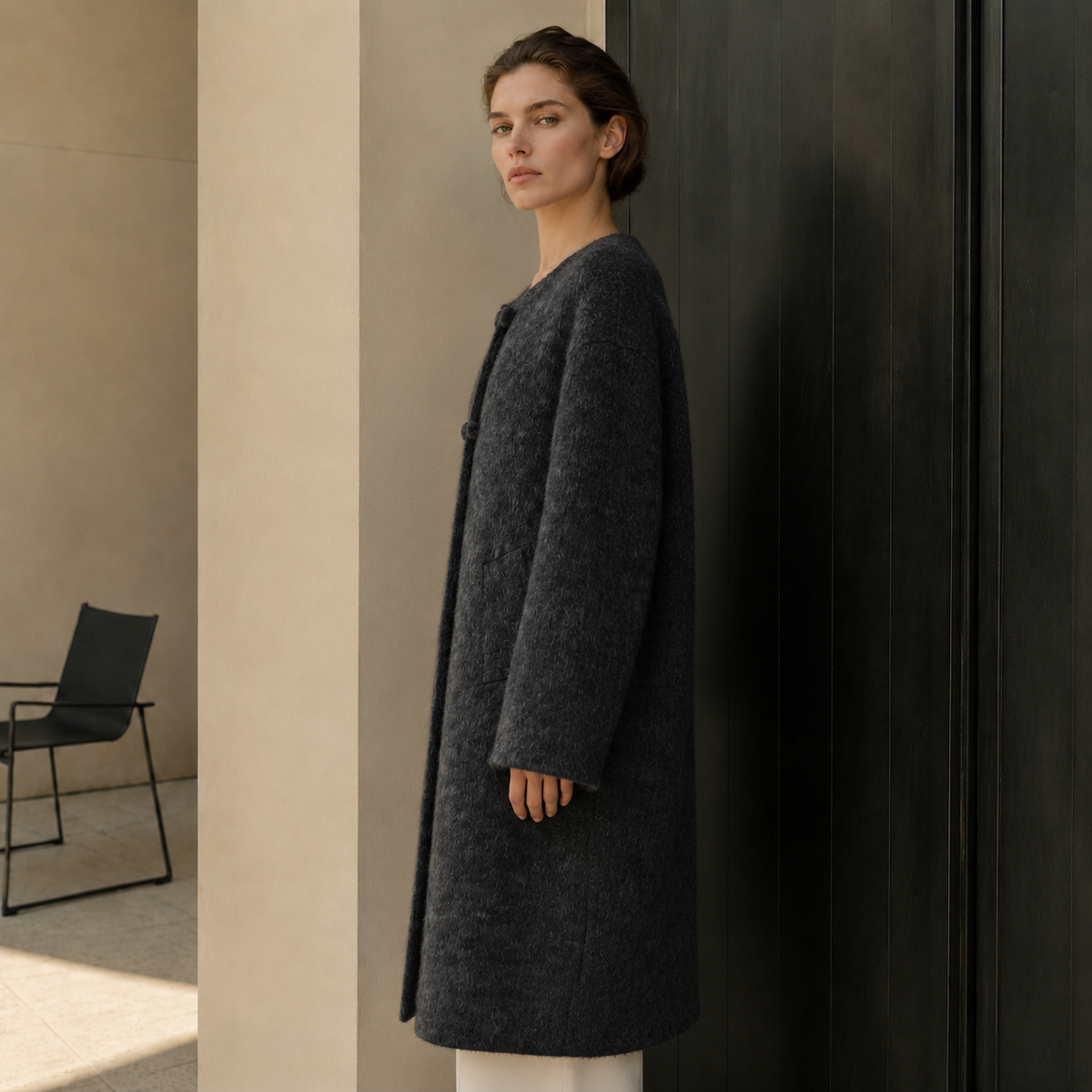 Women's Eco-Friendly Woolen Fluffy Thick Single Breasted Casual Winter Coat with O-Neck for Office in Cashmere GC0018