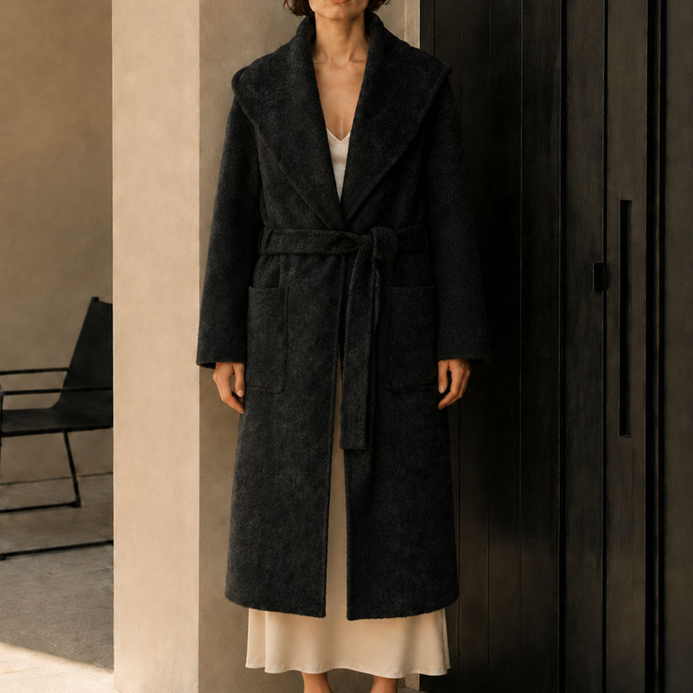 Elegant Woolen Cashmere Women's Thick Woven Full Sleeve Hooded Collar Trench Coat with Belt Warming Design for Winter Long GC0014