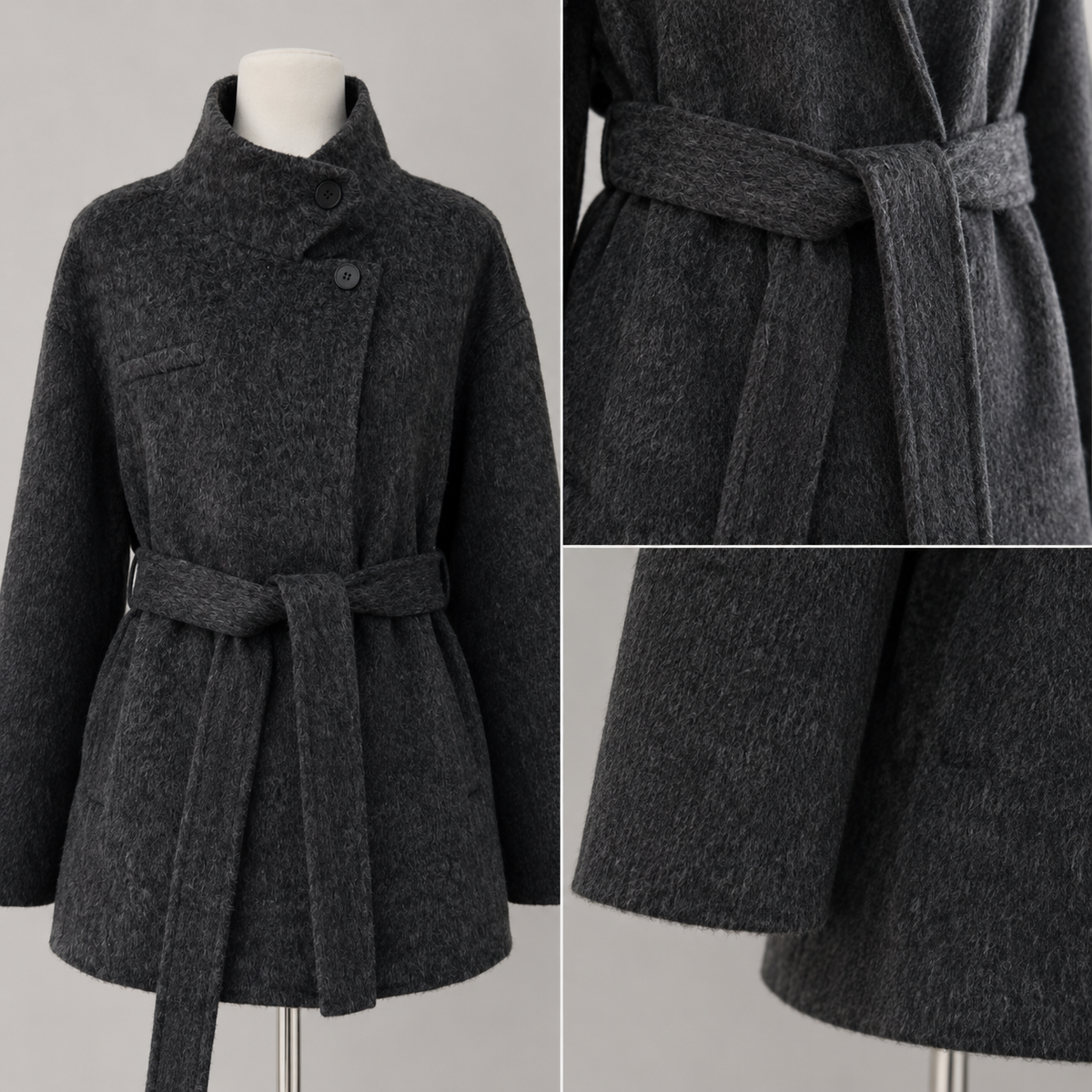 High Quality Classic Women's Wool Coats Solid Button Short Overcoat Belt Tie Breathable Autumn Winter Trenches Turtleneck Collar GC0016