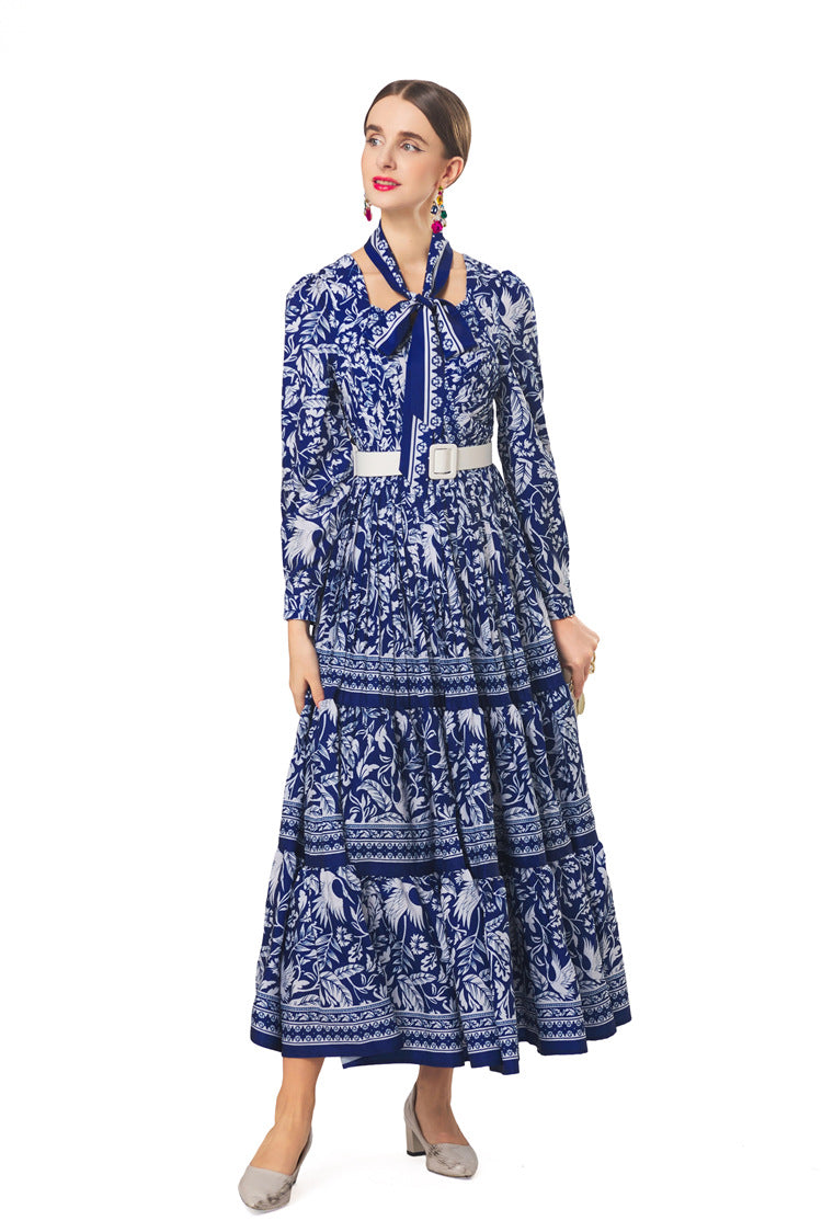 Plus Size 2026 New New Chinese Style Dress, Chinese Porcelain Print French Collar Scarf‑Neck Belted Pleated Women Dress
