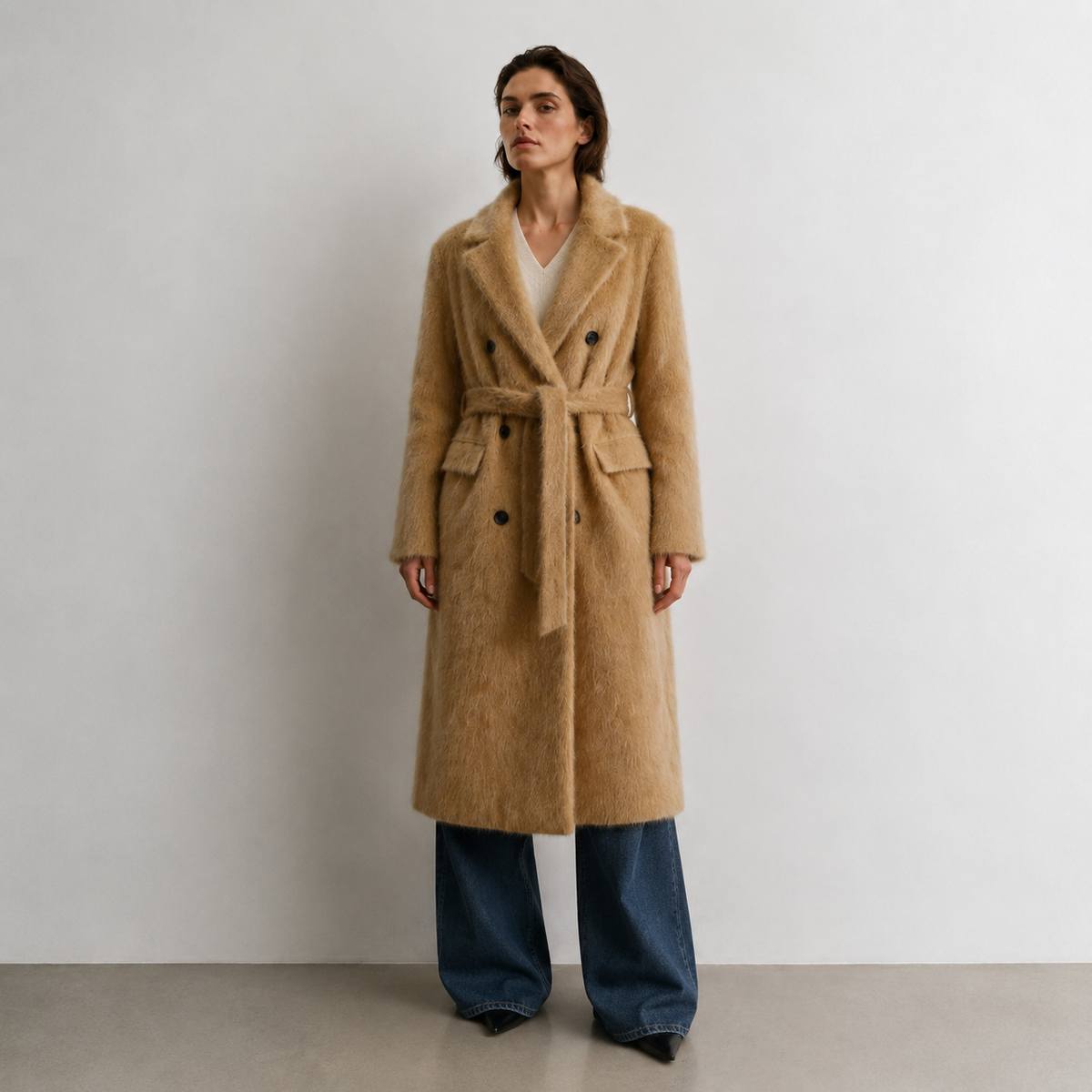 Elegant Casual Camel Hairy Wool Double Breasted Belted Winter Coat for Women Windproof Warm Keeper GC0031