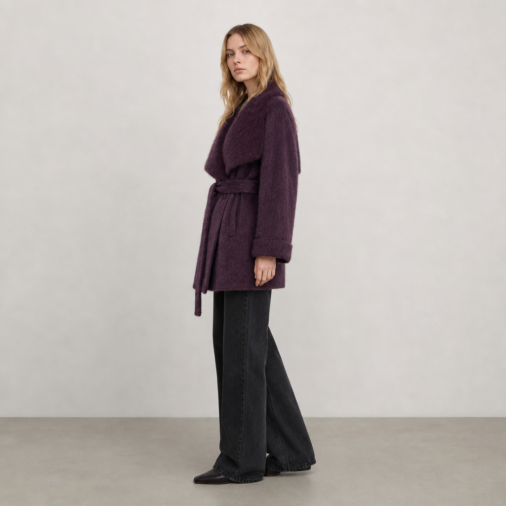 Women's Korean-Style Tweed Wool & Blends Overcoat with Winter Fox-Fur Collar and Belt Minimalist Design H2686