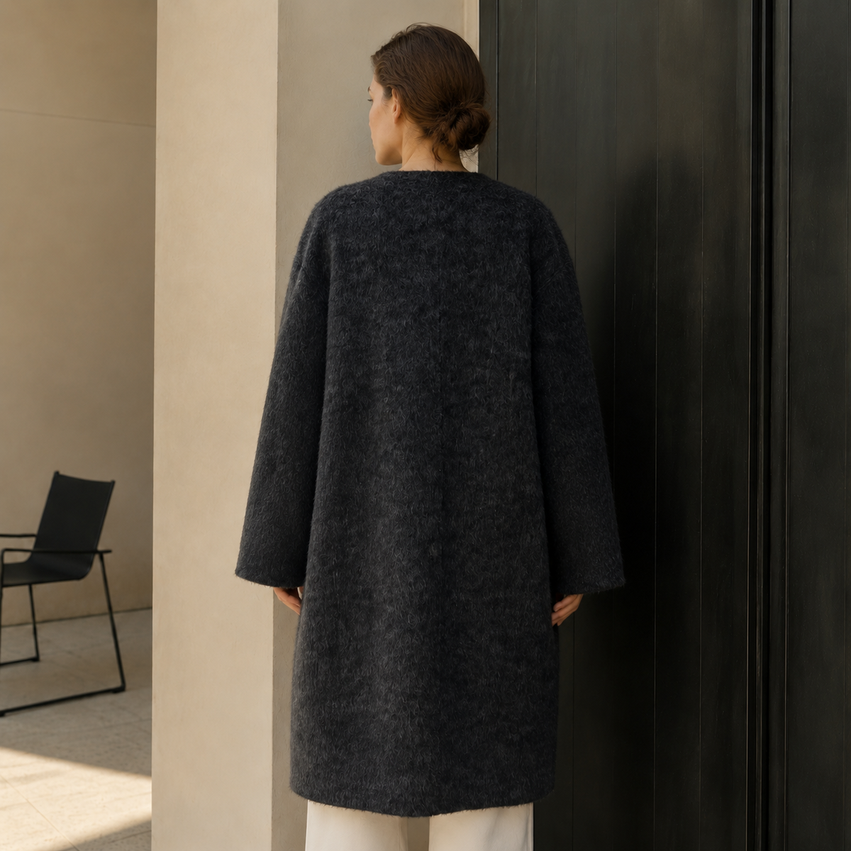Women's Eco-Friendly Woolen Fluffy Thick Single Breasted Casual Winter Coat with O-Neck for Office in Cashmere GC0018