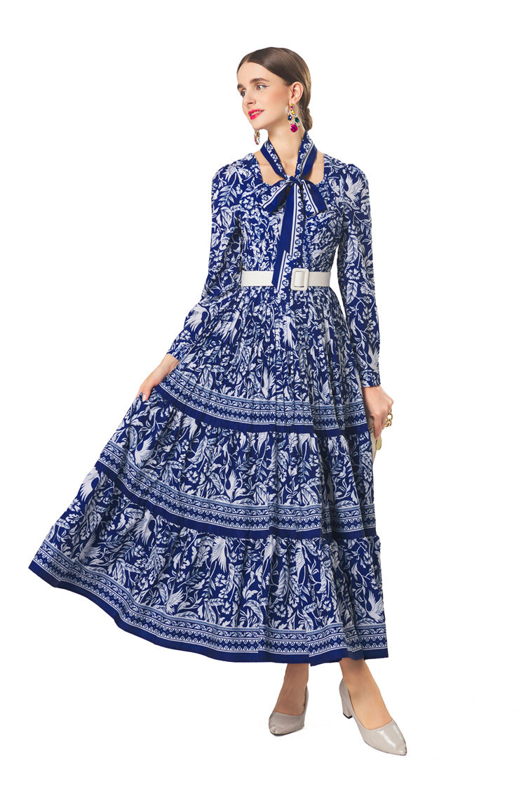 Plus Size 2026 New New Chinese Style Dress, Chinese Porcelain Print French Collar Scarf‑Neck Belted Pleated Women Dress