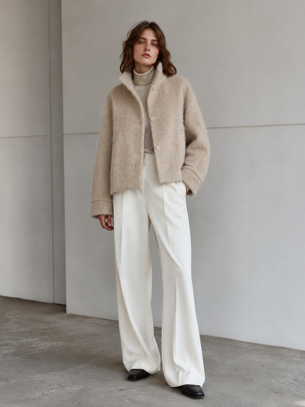 Elegant Single Breasted Regular Turtleneck Woolen Blend Button Jacket Women's Minimalist Winter Outerwear GC0053