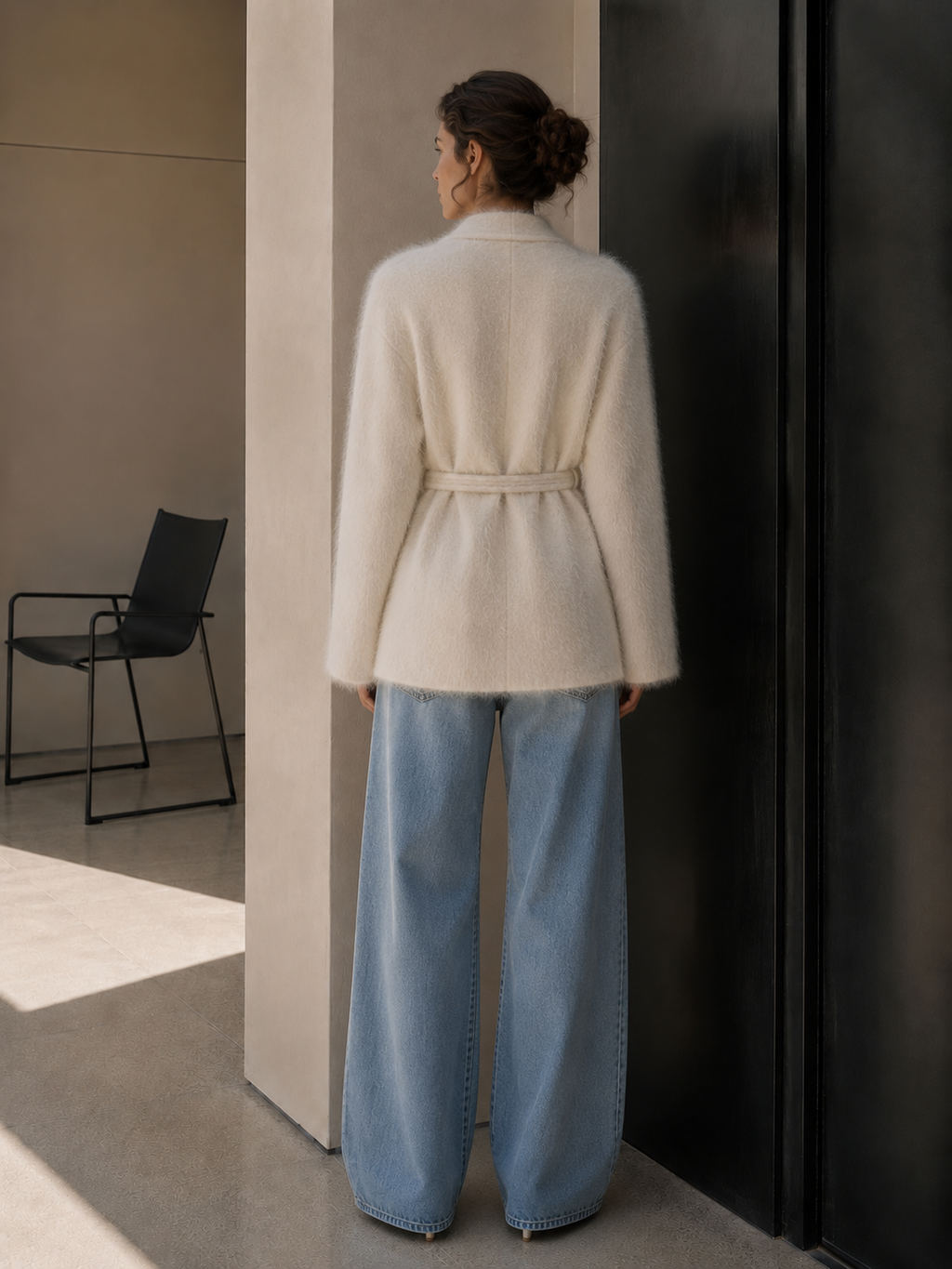 Women's Brushed Coats Wool Blend Belted Fuzzy Knit Jacket Asymmetric Button Quiet Luxury Coat GC0042