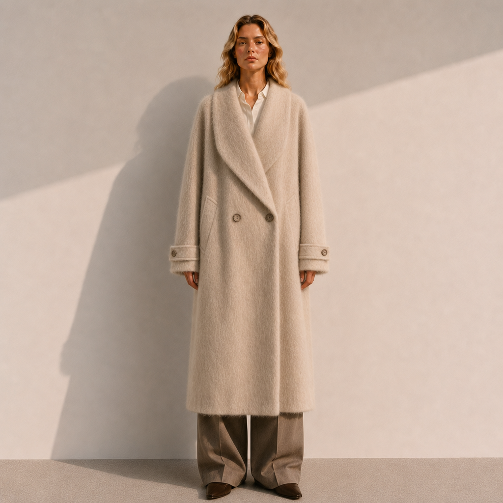 Women's Double Breasted Knitted Brushed Cashmere Hand-knitted Button Oversized Regular Winter Coat Elegant Full Sleeve Design GC0045