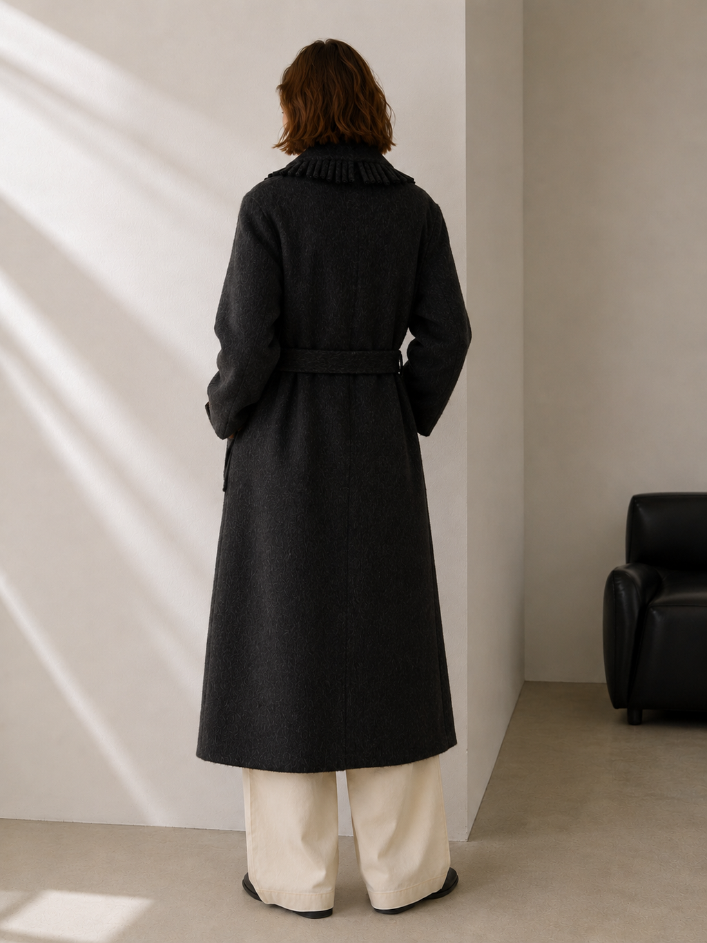 Women's Belted Cashmere Wool Blend Long Coat with Pleated Detail Elegant Winter Overcoat Hand Sewn GC0007