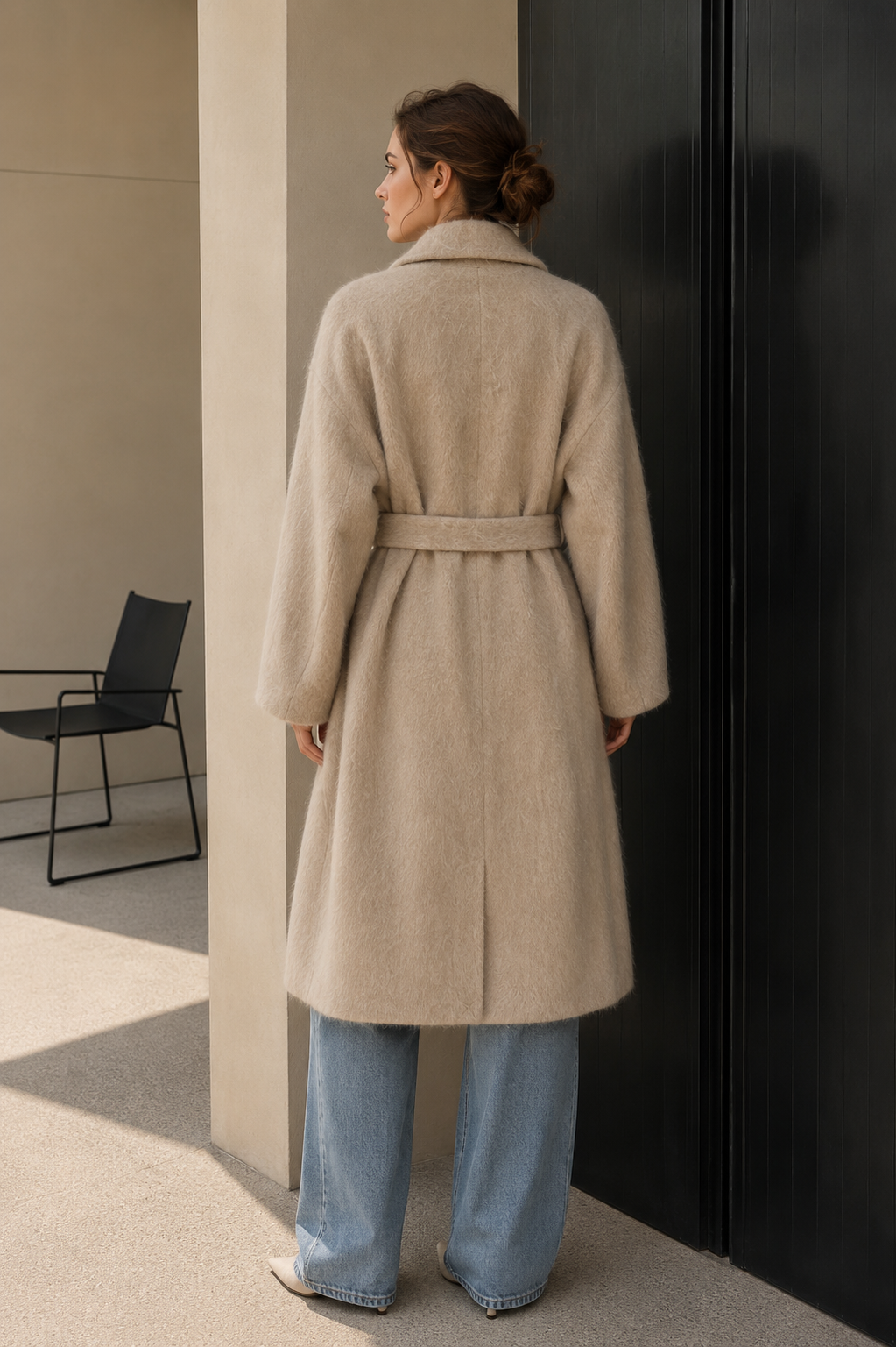 Women's Winter Vintage Woolen Cashmere Alpaca Blend Double Breasted Belted Coat Elegant Regular Overcoat Solid Pattern Made GC0048