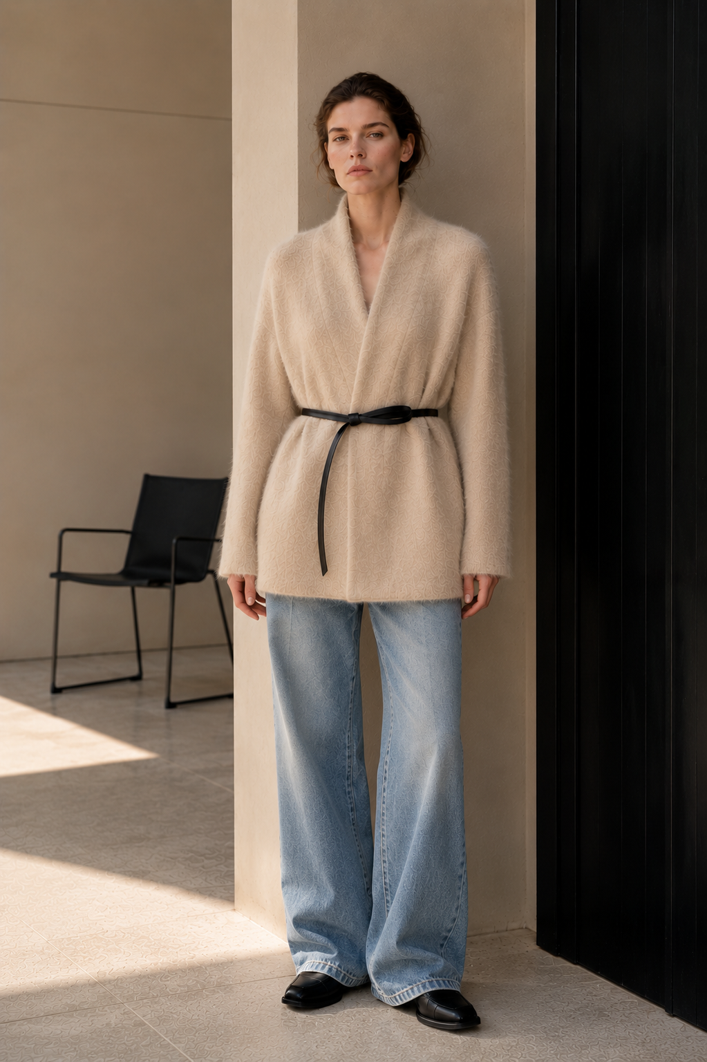 Women's Winter Wool Blend Fuzzy Thick Solid Color Hand-sewn Coat Belted Long Hair Minimalist Luxury Outerwear GC0044