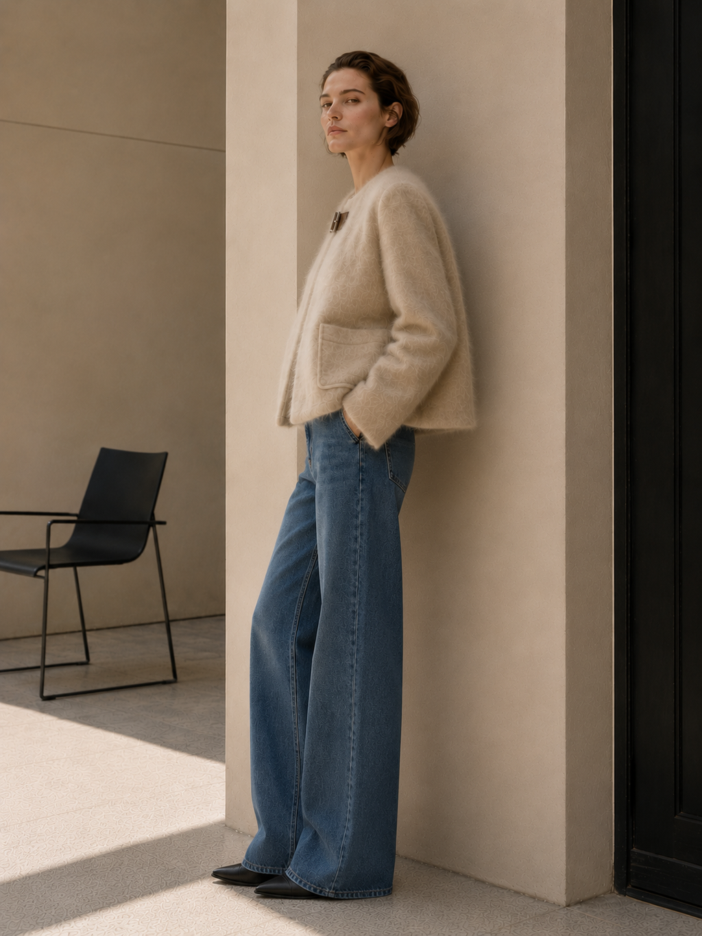  Women's Winter Woolen Collarless Mohair Blend Open Front Elegant Solid Color Full Sleeve Regular Length Jacket Leather Buckle GC0039