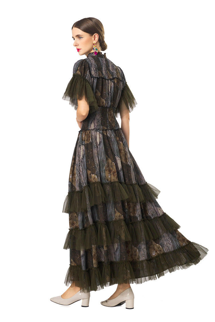 Plus Size Women Elegant Luxury Dress, Splice Mesh Stand Collar Waist Cinched Multi‑Layer Cake Skirt