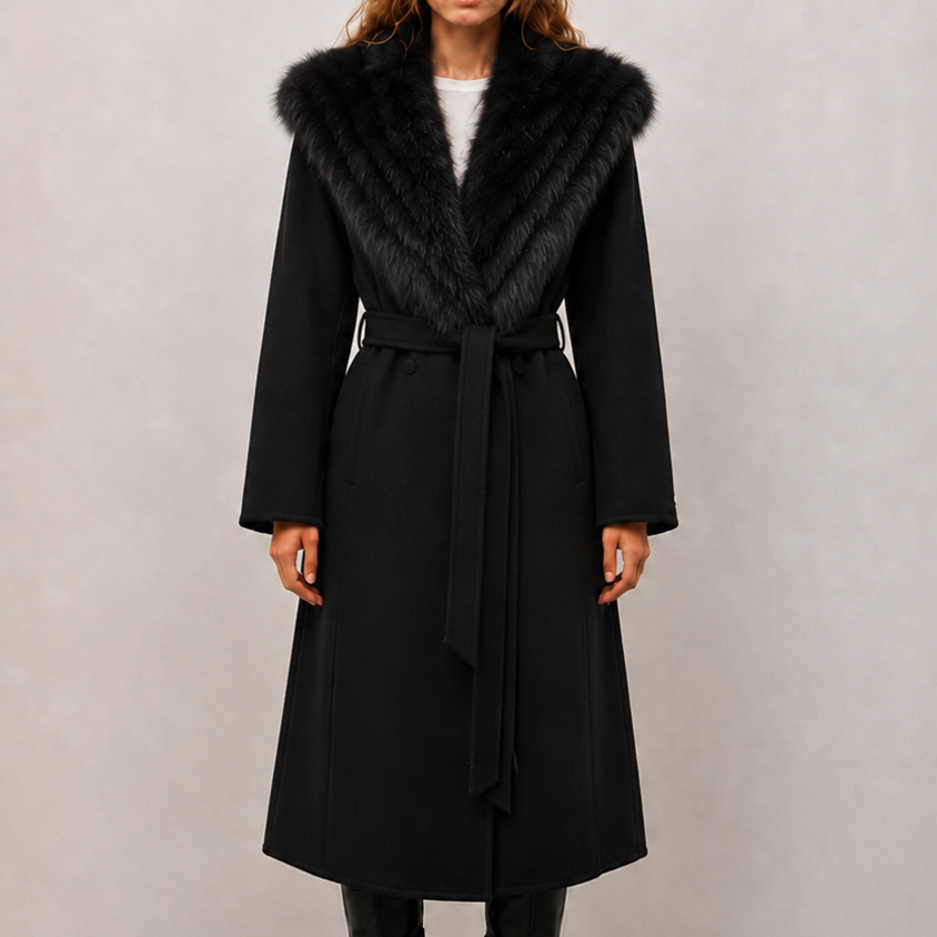 Custom OEM/ODM High Quality Long Elegant Wool Blended Women's Coats Cashmere Lining Solid Pattern Belt Closure for Fall/Winter N5839-2