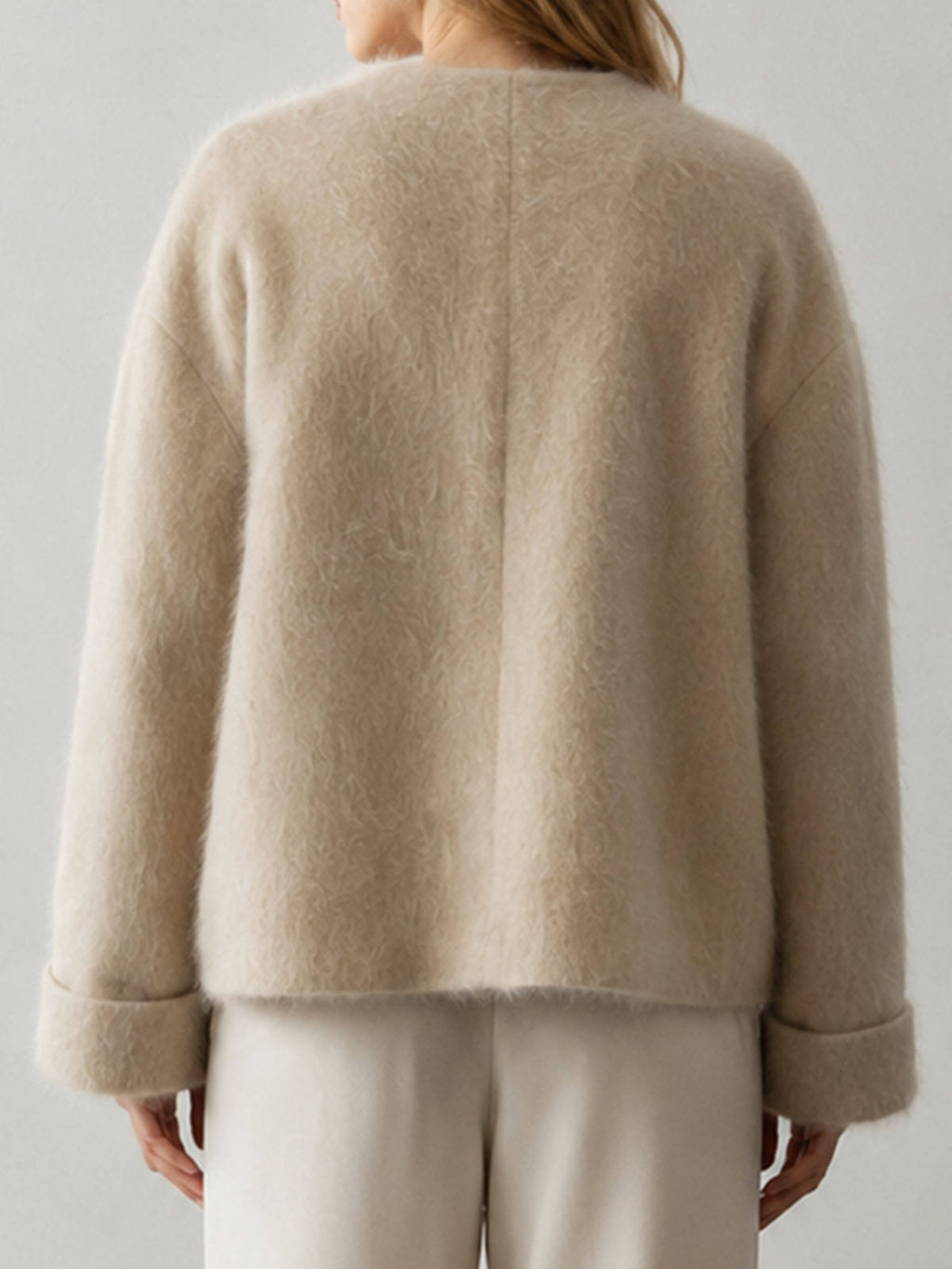 Women's Brushed Wool Cashmere Blend Elegant Single Breasted Button Collarless Winter Jacket Soft Hairy Texture GC0037