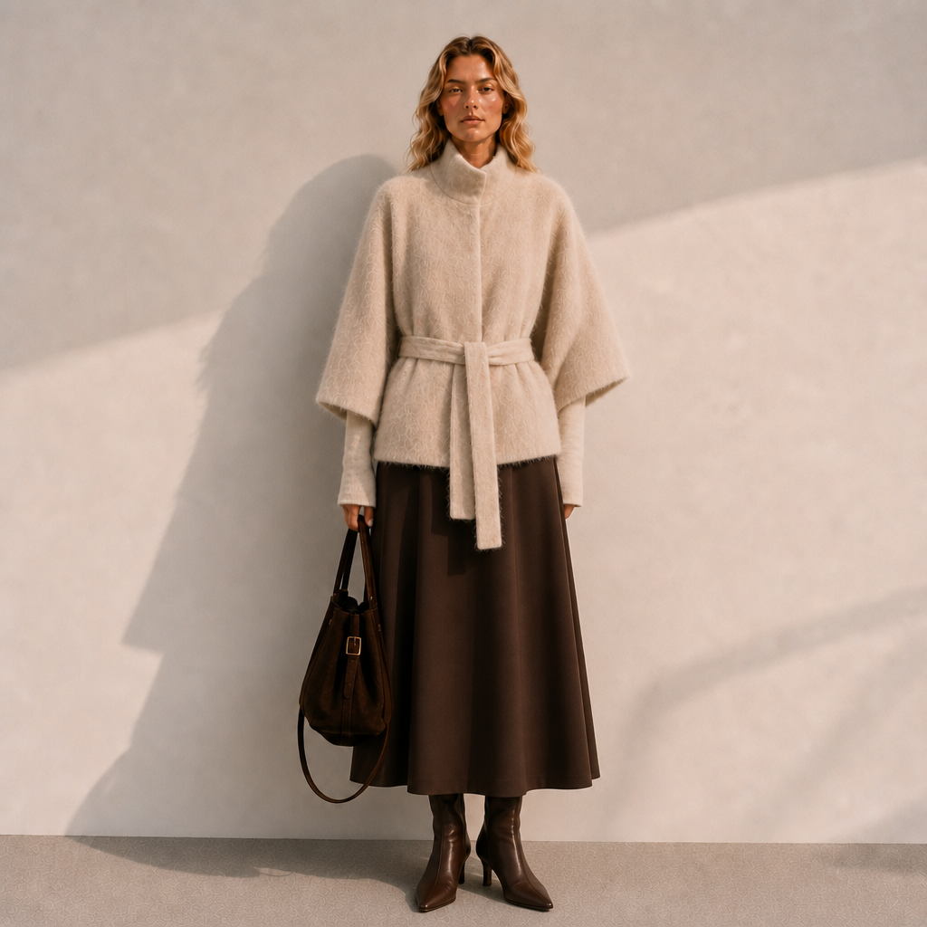 Elegant Brushed Wool Blend Winter Long Thick Coat Women's Turtleneck Cape Sleeve Jacket GC0046