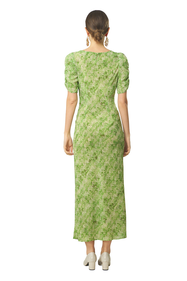 Plus Size 2026 Summer French Fresh Dress, Green Print Crew Neck Short Sleeve Waist Ruched Slit Hem Women Dress