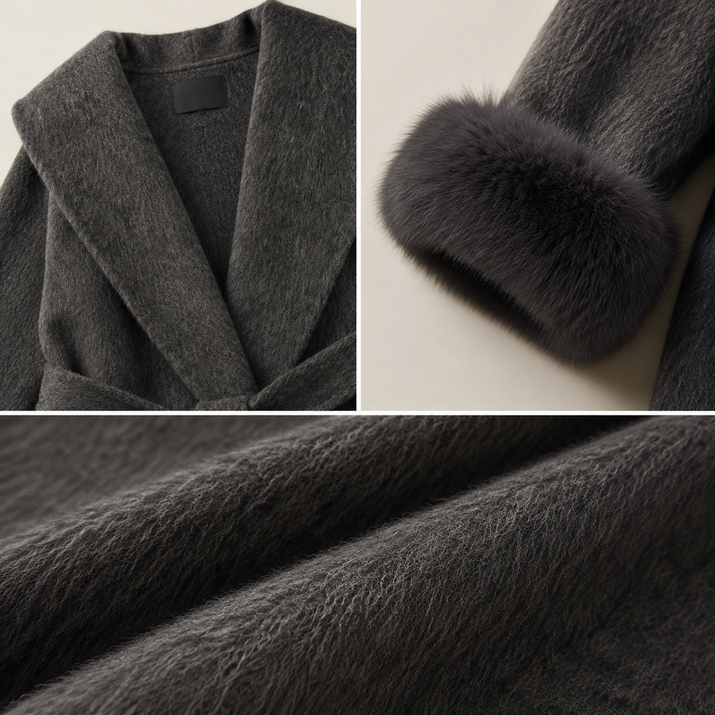2026 New Women's Winter Wool Coat, Loose Fit with Cinched Waist, Lapel Collar, Detachable Fox Fur Trimmed Sleeves L26036