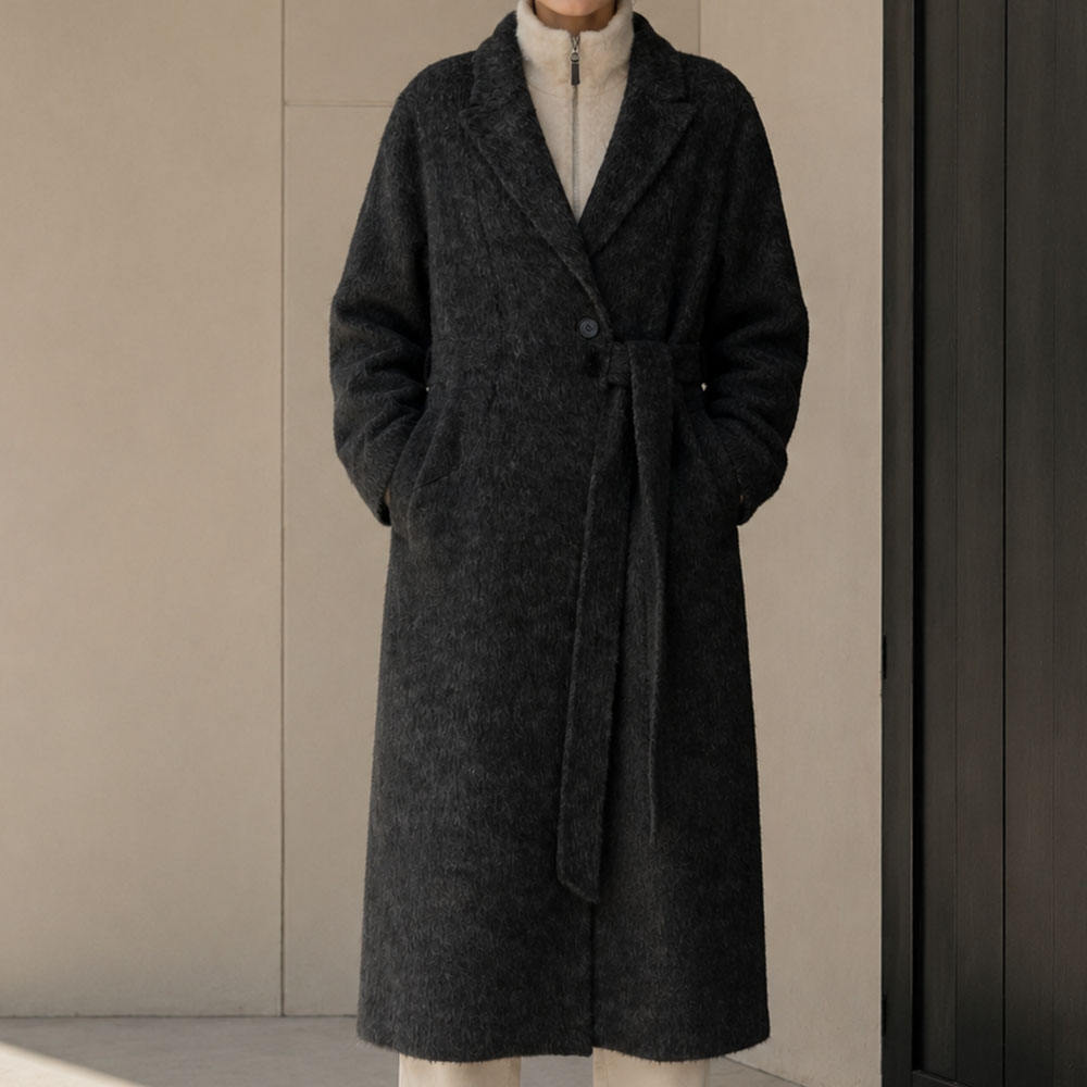 Women's Elegant Charcoal Belted Woolen Eco-Friendly High Street Regular Down Overcoat Turn-down Collar Winter Outerwear GC0012