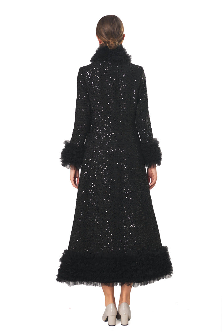 Plus Size High‑End Elegant Classic Black Fall Winter Dress, Ruffle Collar Hand Beaded Coat Dress