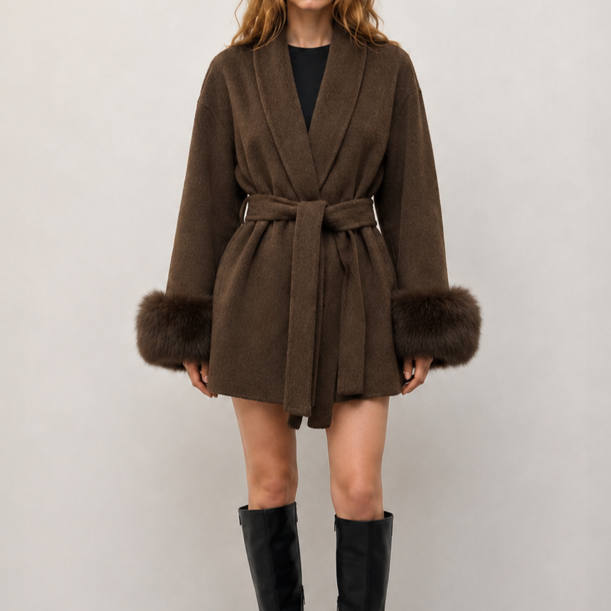 Elegant Women's Winter Coat with Detachable Genuine Fox Fur Trim Breathable Hand Sewn Wool Casual Short Length Belt Closure L26101