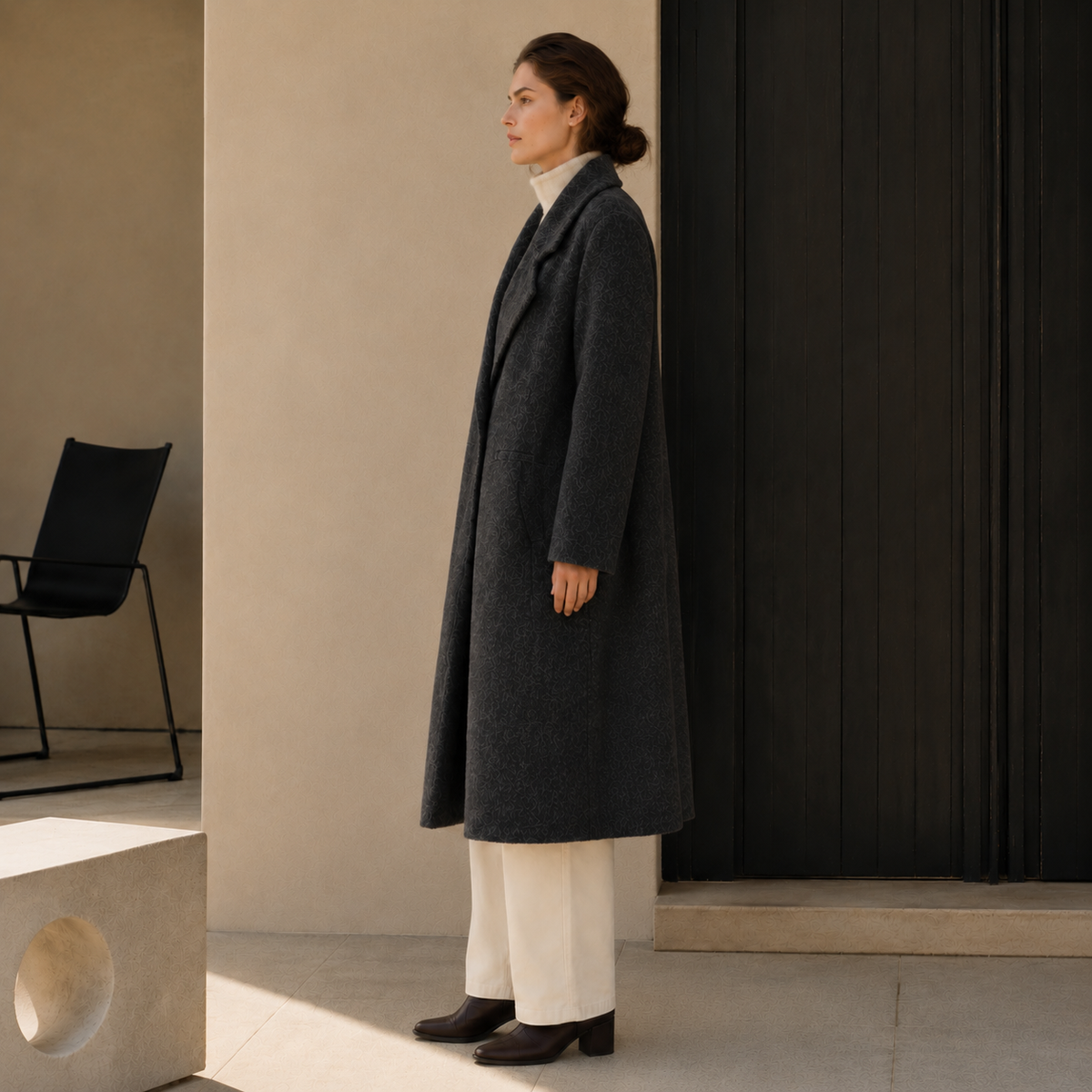 Women's High Street Style Eco-Friendly Charcoal Grey Woolen Winter Coat Single Button Turn-down Collar Double Face GC0009