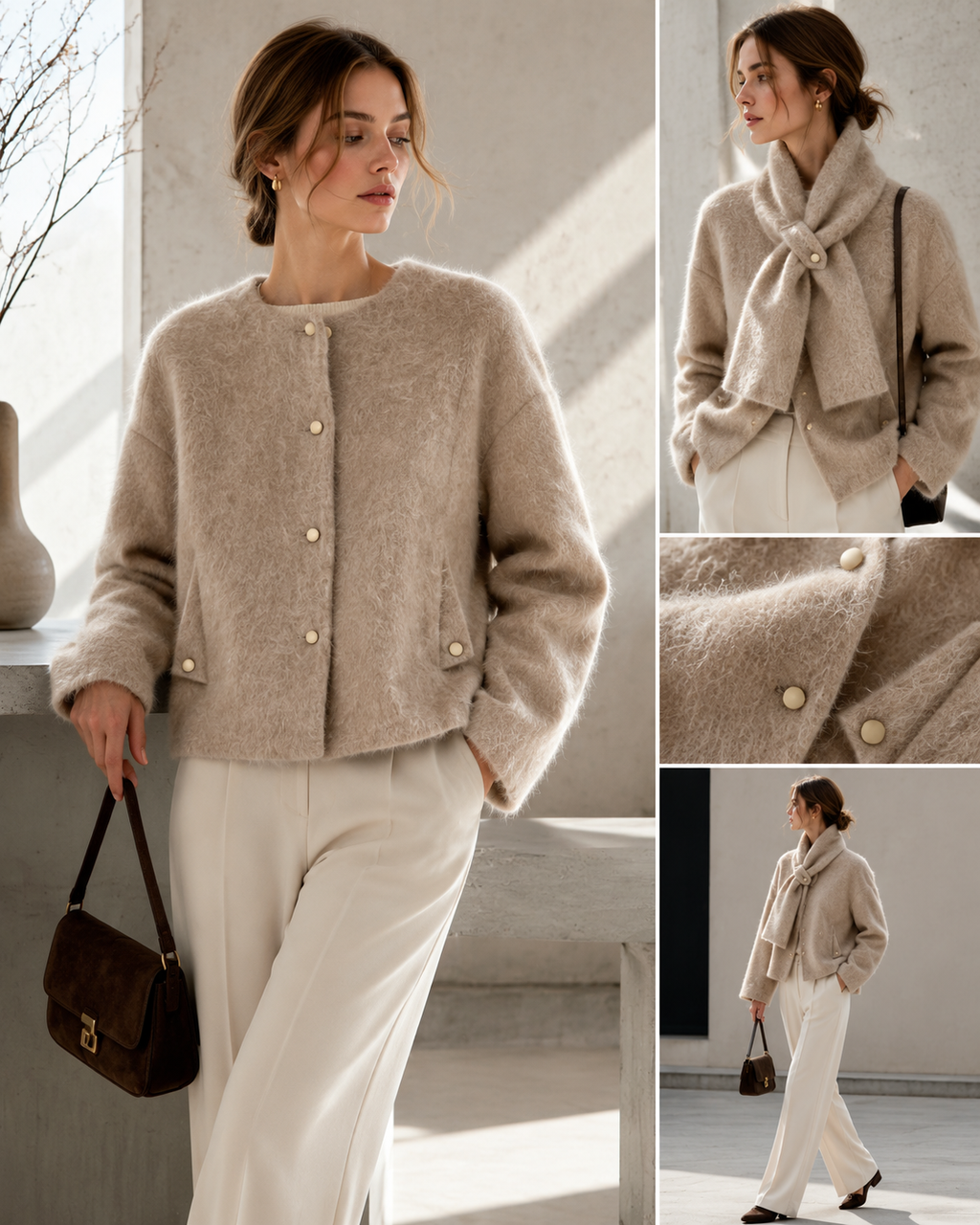 Women's Winter Single Breasted Woolen Alpaca Blend O-Neck Thick Luxury Hairy Wool Solid Pattern Casual Coat GC0052