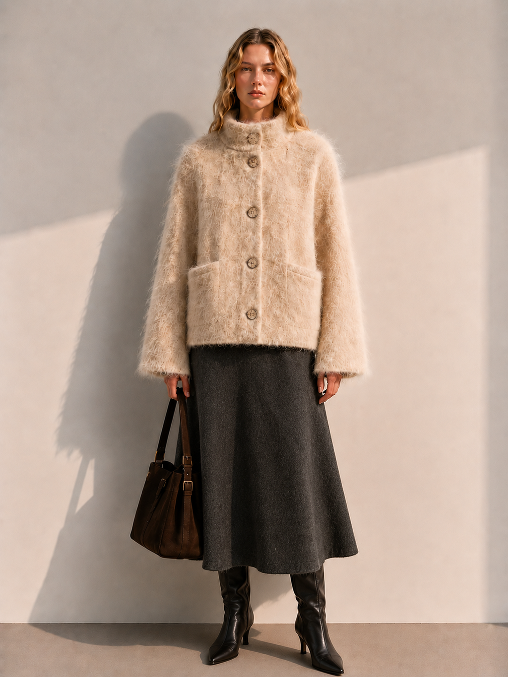 Single Breasted Stand-collar Hand-sewn Thick Casual Solid Color Womens Woolen Coat Single-faced Cashmere Winter Full Sleeve GC0035