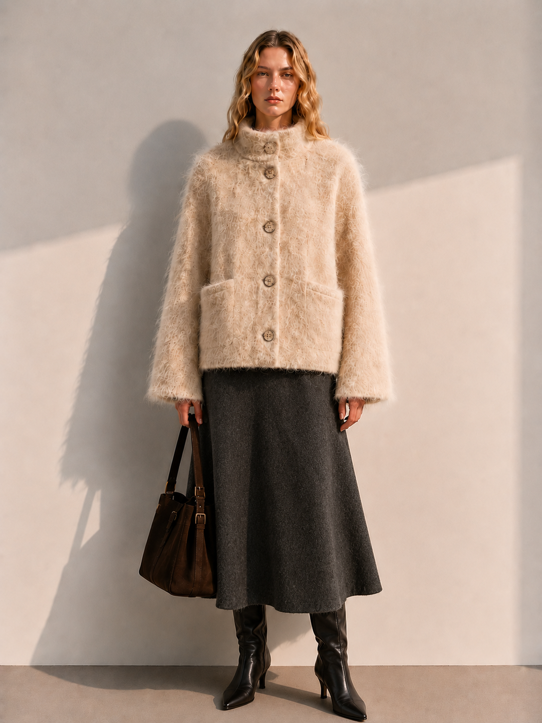 Single Breasted Stand-collar Hand-sewn Thick Casual Solid Color Womens Woolen Coat Single-faced Cashmere Winter Full Sleeve GC0035