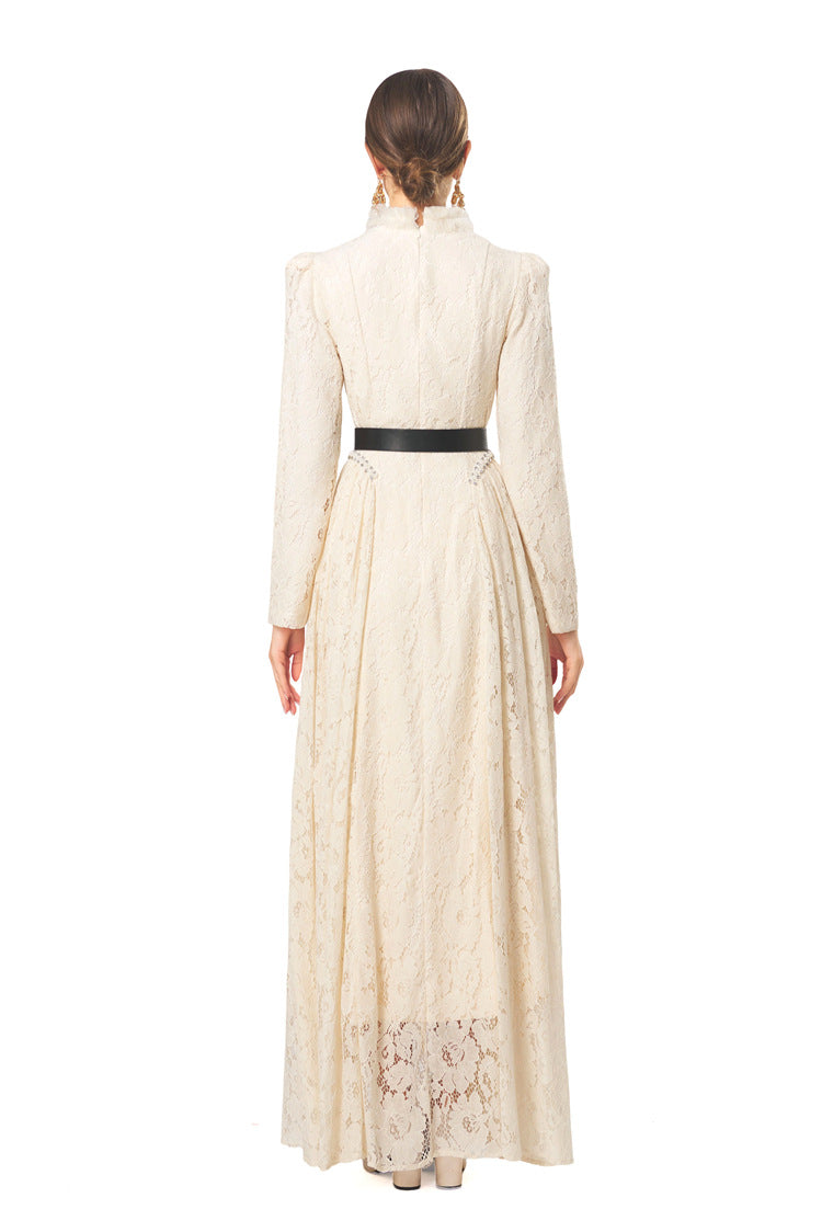 Plus Size Women Romantic Dress, Pearl Lace Floral Ruffle Crew Neck Cow Horn Shoulder Belted Long Sleeve Swing Dress
