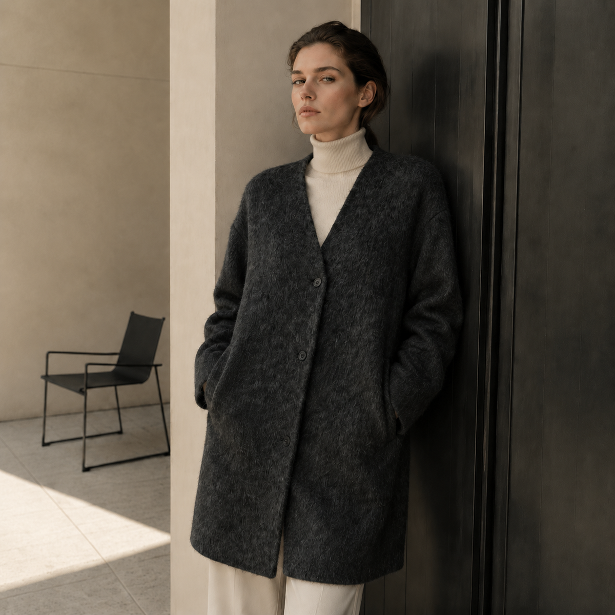 Women Single Button Long Overcoat Charcoal High Street Elegant Winter Fashion Coat with Scarf Wool Down Filled GC0027