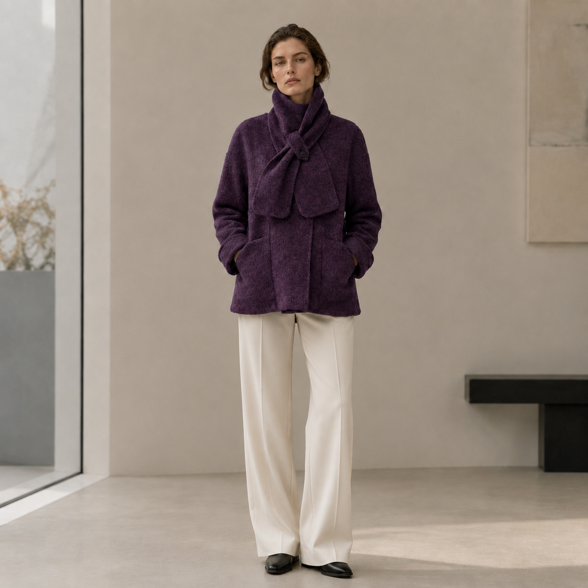 Women's Cashmere Coats with Scarf Collar Solid Color Full Sleeve Elegant Winter Coat GC0006