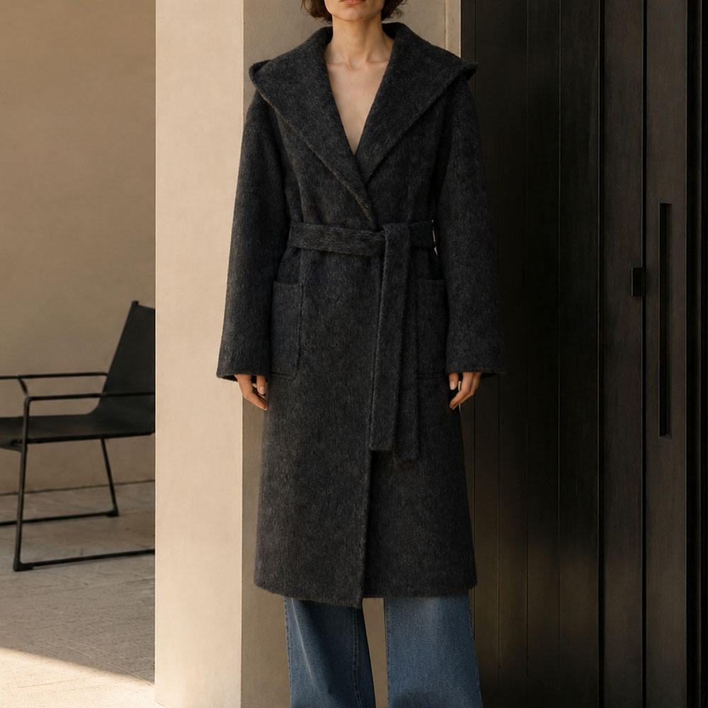 Elegant Woolen Cashmere Women's Thick Woven Full Sleeve Hooded Collar Trench Coat with Belt Warming Design for Winter Long GC0014