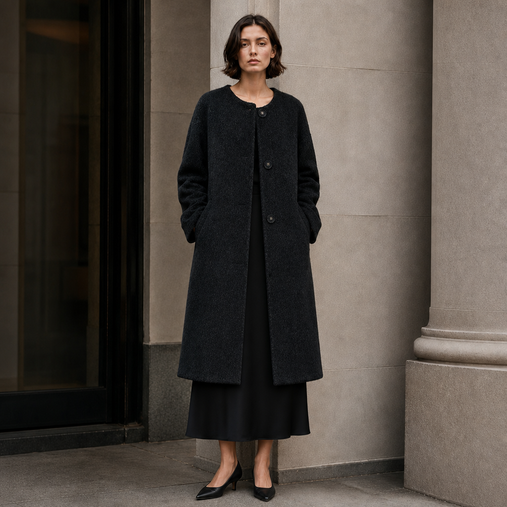 Women's Alpaca Blend Collarless Long Coat Casual Elegant Hairy Wool Winter Overcoat Single Button Thick Solid Color GC0004