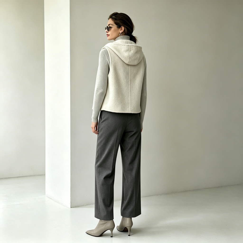 Ladies Woven Cashmere Wool Sleeveless Vest Autumn Double Face Hooded Normcore/Minimalist 8631