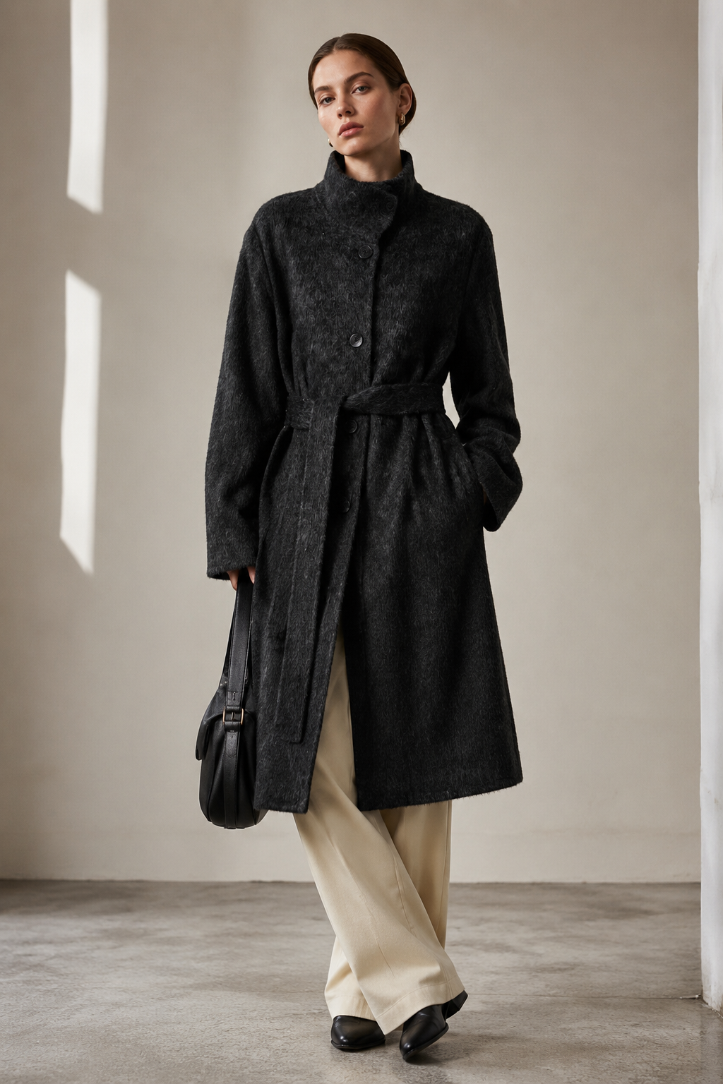 Women's Cashmere Alpaca Blend Woolen Turtleneck Belted Coat Luxury Hairy Wool Regular Winter Overcoat GC0002